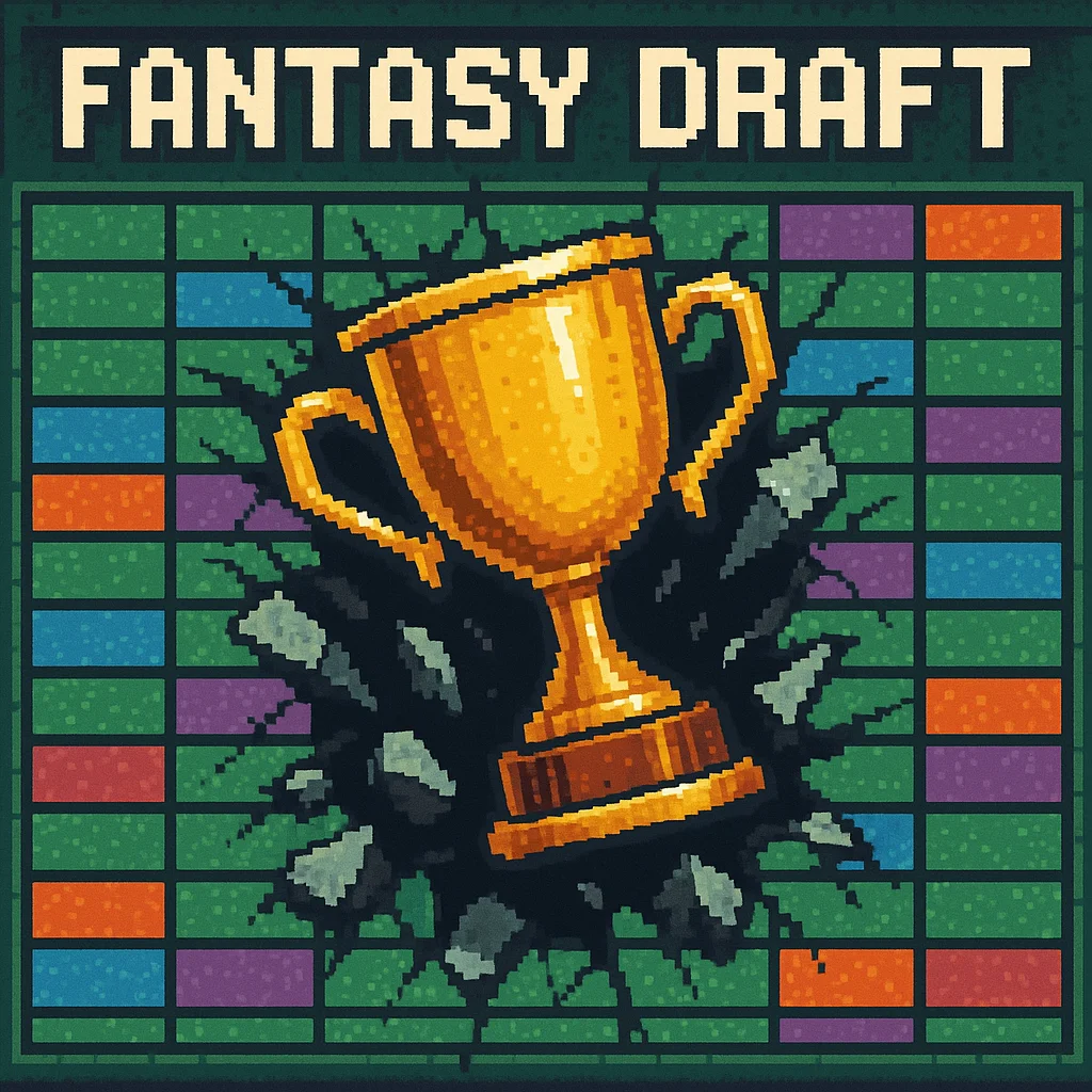 Pixel-art fantasy draft trophy in front of a colorful draft board